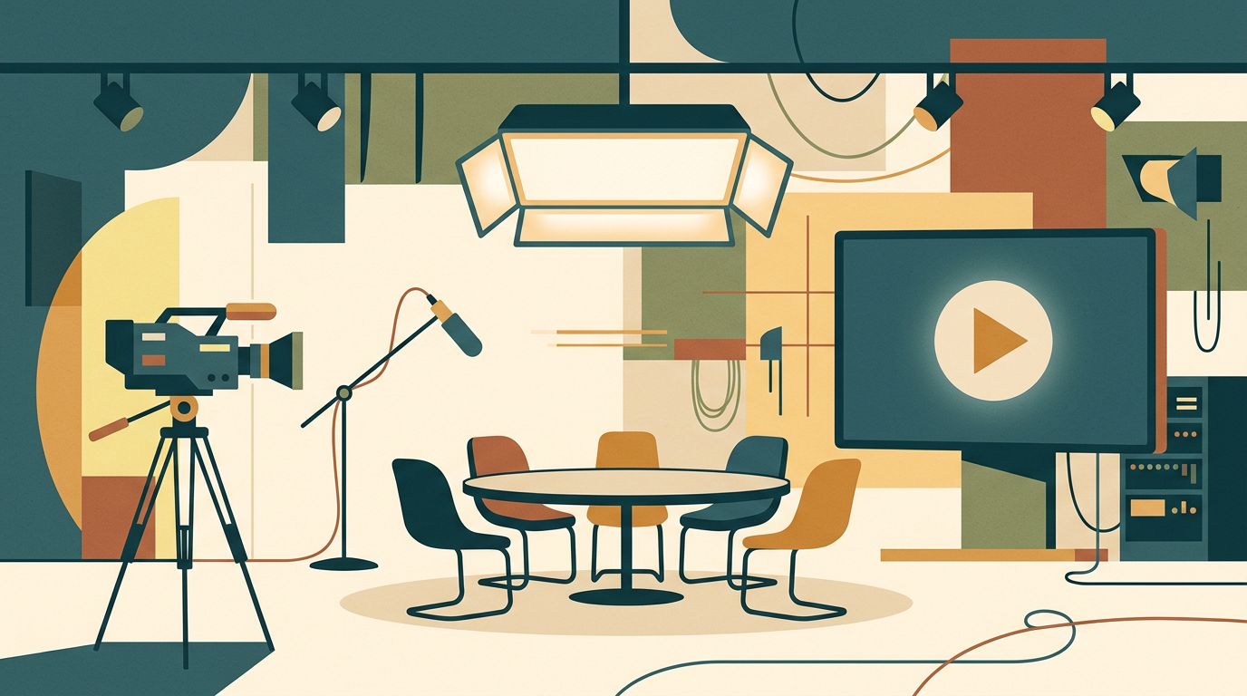 Conceptual illustration of a media production and interview setting